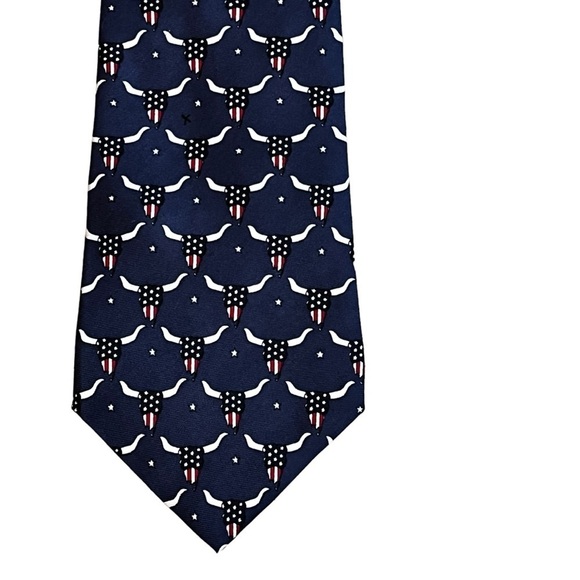 Barry Wells 100% Silk Neck Tie Bullish on America USA Flag Longhorn Print Navy - Picture 4 of 8